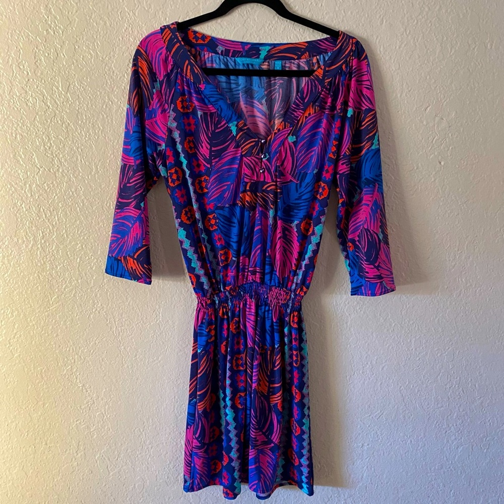 Tori Richard Tropical Print Mini Sundress Size S Blue Pink Stretch Summer Beach - Picture 2 of 9